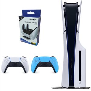 Consola Playstation 5 Slim De Disco Con Control Blanco Y Control Azul Celeste + Base De Carga Doble
