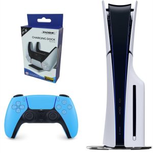 Consola Playstation 5 Slim De Disco Con Control Azul Celeste Y Base De Carga Doble